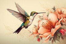 Beautiful Tropical Bird On Exotic Flowers In Vintage Style