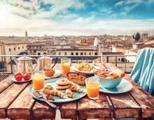 Delicious Summer Breakfast On Amazing Rooftop In Old City. Created With Generative Ai