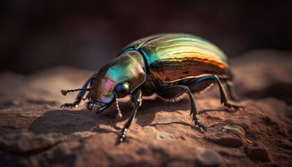 Sticker - Small weevil crawling on green leaf outdoors generated by AI