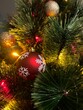 Christmas tree decorations. Close-up shot of Christmas lights. Holiday season. 