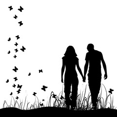 Canvas Print - Couple on meadow, black silhouette