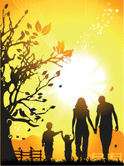 Poster - Happy family walks on nature, sunset