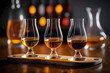 Flight of whiskey for tasting on a bar counter with a blurred background, generative AI