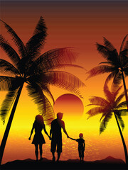 Poster - Silhouettes of a family walking on a tropical beach