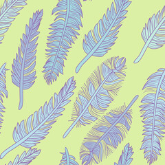  feather seamless pattern on green background. Vector illustration for the textile industry.