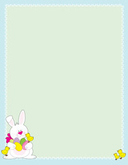 An Easter bunny holding colored eggs with little chick on his feet in the corner of an Easter frame