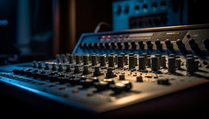 Wall Mural - Sound engineer adjusting electric mixer in recording studio generated by AI