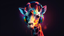 Giraffe Head In Headphones. Giraffe Leastening Music. Generative AI