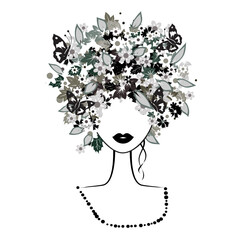 Sticker - Face woman, floral hairstyle