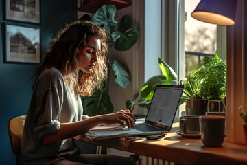 Wall Mural - A woman sitting at a desk writing in a notebook. Freelancer working from home, improvised diy office. Generative AI.