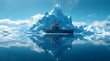 an iceberg floating in the ocean, arctic landscape with blue sky and ship, fictional landscape created with generative ai