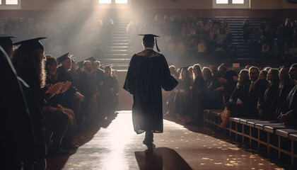 Wall Mural - Young adults in graduation gowns celebrate success generated by AI