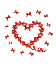 Leinwandbilder - Festive card with beautiful red bows folded in the shape of a heart. Red bows collected in the shape of a heart. Gift sale concept. Vector.