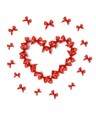 Leinwandbilder - Festive card with beautiful red bows folded in the shape of a heart. Red bows collected in the shape of a heart. Gift sale concept. Vector.