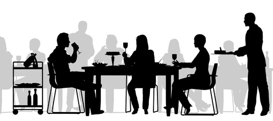 Editable vector silhouette of people eating in a restaurant with all figures as separate objects