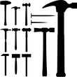 Hammers, mallets, and nails in vector silhouette