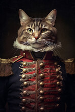 Simulation Of A Classic Oil Painting Of A Cat In Military Clothing In The Classical Renaissance Style