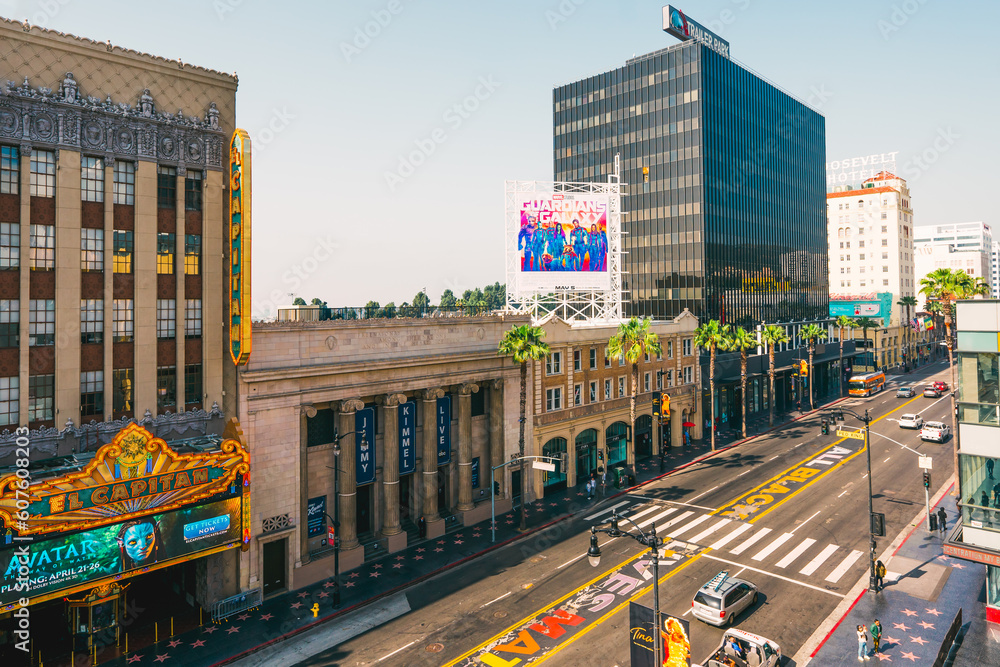 Top view of Hollywood Walk of Fame from the Ovation Center. Stars ...