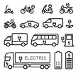 electric vehicles vector icons set bike, scooter, car, motorbikes, bus, truck, van, charge station, plug, eco power, transport, isolated