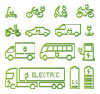 electric vehicles vector icons set: bike, scooter, car, motorbikes, bus, truck, van, charge station, plug, eco power, transport, green energy