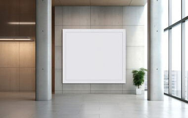 Wall Mural - Minimal Nordic style livingroom space with modern concrete wall interior and big empty blank mockup frame on the wall - Generative AI
