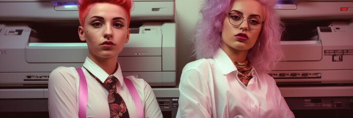 Sticker - Two women with pink hair and glasses are posing for a picture. Generative AI image.