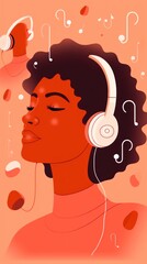 Sticker - A woman with headphones listening to music. Generative AI image.