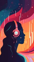 Wall Mural - A woman with headphones in front of a colorful background. Generative AI image.