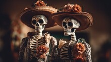 Two Skeleton Figurines Wearing Hats And Holding Roses. Generative AI Image.