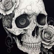 A Drawing Of A Skull And Roses On A Black Background. Generative AI Image.