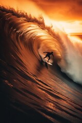 Poster - A surfer is riding a large wave in the ocean. Generative AI image.