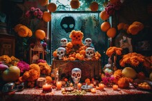 Day Of The Dead Altar With Skulls And Flowers. Generative AI Image.
