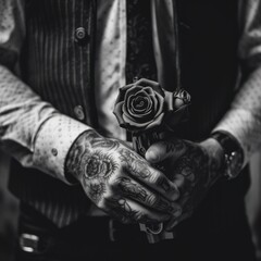 Canvas Print - A man with tattoos holding a rose in his hands. Generative AI image.