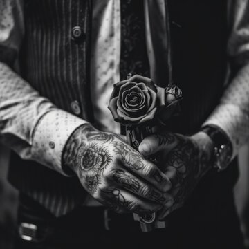 A man with tattoos holding a rose in his hands. Generative AI image.