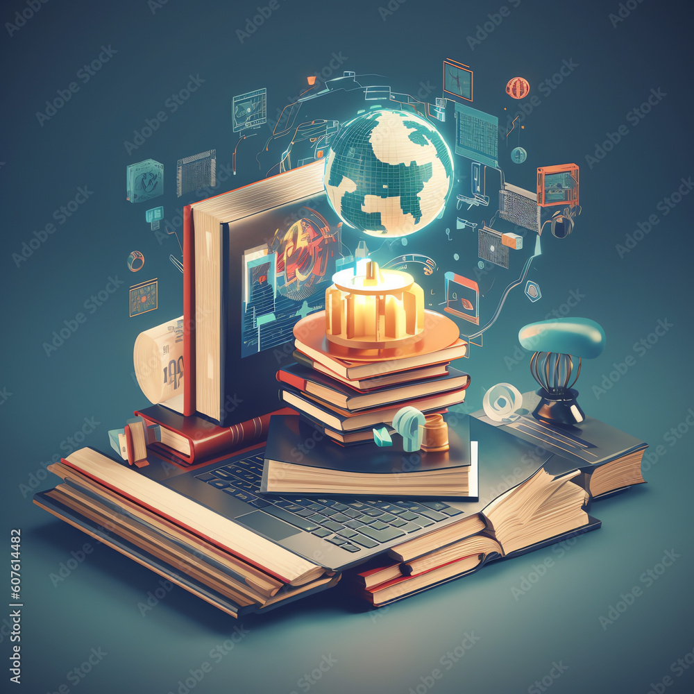 Generative AI Online education concept illustration with a computer and ...