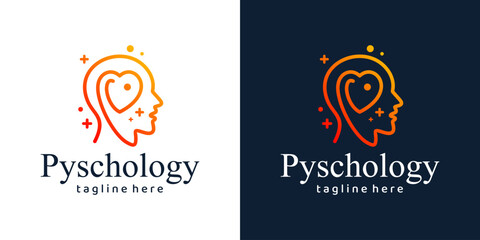 Mental health logo design. Psychotherapy symbol concept. Human head with heart love graphic design vector illustration.