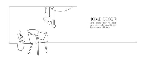 Aufkleber - One continuous Line drawing of armchair and chandelier lamp and potted plant. Stylish furniture for living and office room interior in simple linear style. Editable stroke. Doodle vector illustration
