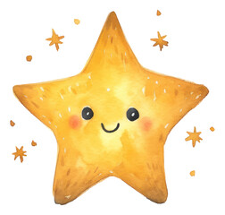 Watercolor yellow smiling star illustration isolated. Generative AI.