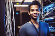 © Trinette Reed - Portrait of Indian engineer in computer server room. Generative AI.