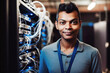 © TRINETTE + CHRIS - Portrait of Indian engineer tech in computer server room. Generative AI.