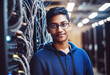 © TRINETTE + CHRIS - Portrait of Indian engineer technician in computer server room. Generative AI.