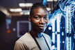 © TRINETTE + CHRIS - Portrait of Black engineer technician in computer server room. Generative AI.