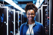 © TRINETTE + CHRIS - Portrait of Black woman engineer tech in computer server room. Generative AI.