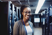Portrait Of Black Woman Engineer Tech In Computer Server Room. Generative AI.
