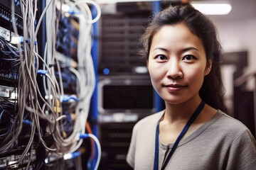 Portrait of Asian woman engineer technician in computer server room. Generative AI.