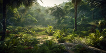 Panorama Of Wild Jungle, Landscape Of Deep Tropical Forest, Illustration, Generative AI