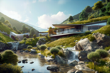 Wall Mural - Modern house in mountains, exterior of luxury villa by forest river, generative AI