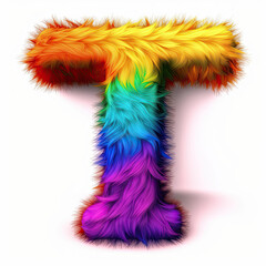 Wall Mural - Furry letter in rainbow pride colors made of fur and feathers. Capital T