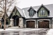 © Michael - Cutting-Edge Aesthetic and Natural Stone Accents: A Classic New Build Property with a Three-Car Garage and Dark Green Siding, generative AI