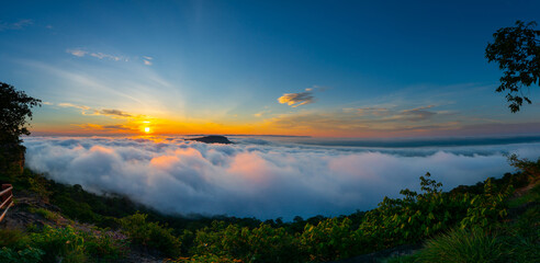 Wall Mural - panorama beautiful clouds and fog above mountain, beautiful morning sunshine landscape at pha mo i d